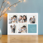 コラージュ | Hanukkahフォトカード シーズンカード<br><div class="desc">ハヌカモダンー写真コラージュカードは、グリッドのレイアウトに5つの正方形の写真を備え、右下の埃っぽいアクアに個人的な休日のメッセージと名前が白で表示される。写真シンプルをミニマル見せてくれるデザインとハヌカーお気に入りの。</div>