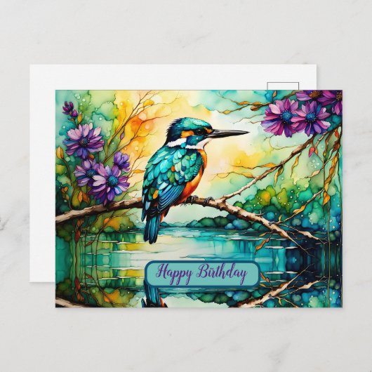 コリブリが水面に佇む ワイルドフラワーの誕生日 ポストカード (正面/裏面)