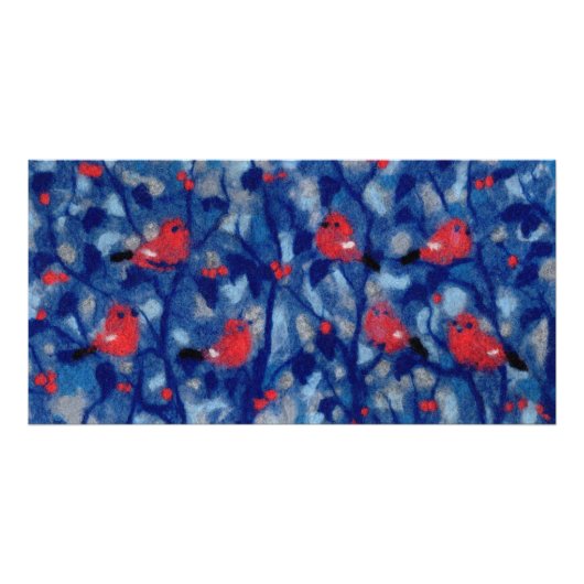 コリブリ、赤い鳥、青い森の木の繊維芸術 フォトプリント (正面)