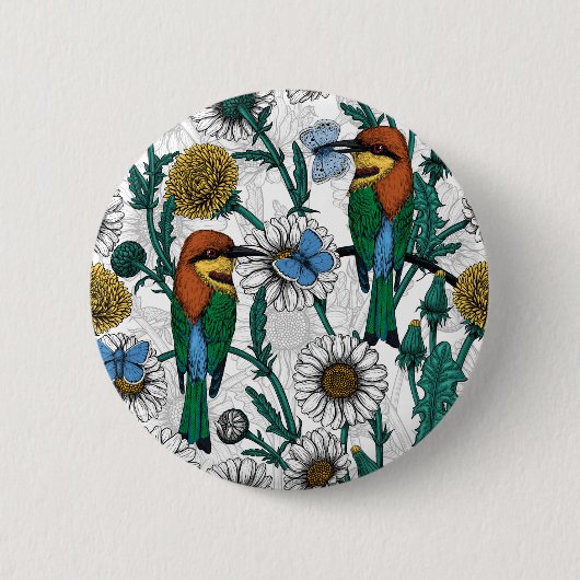 コリブリ、青い蝶々と白い背景にマーガレット 缶バッジ (正面)