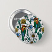 コリブリ、青い蝶々と白い背景にマーガレット 缶バッジ (正面&裏面)