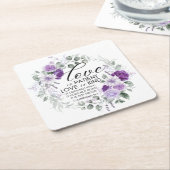 コリントの第一 13:4 愛は忍耐強い 紫の花 スクエアペーパーコースター (アングル)