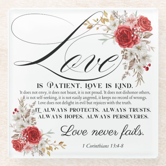 コリントの第一 13:4-8 愛は忍耐強い 聖書 花 ガラスコースター (正面)