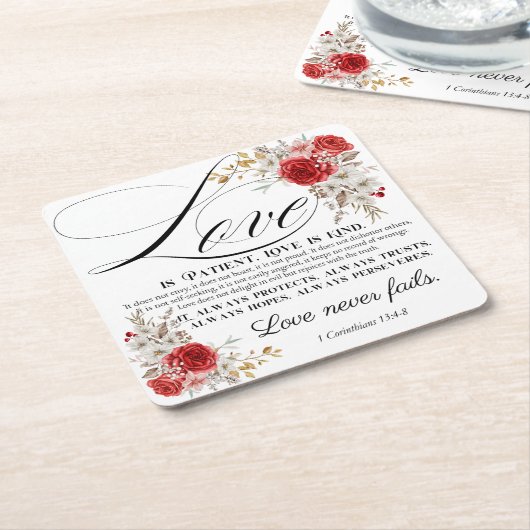 コリントの第一 13:4-8 愛は忍耐強い 聖書 花 スクエアペーパーコースター (アングル)