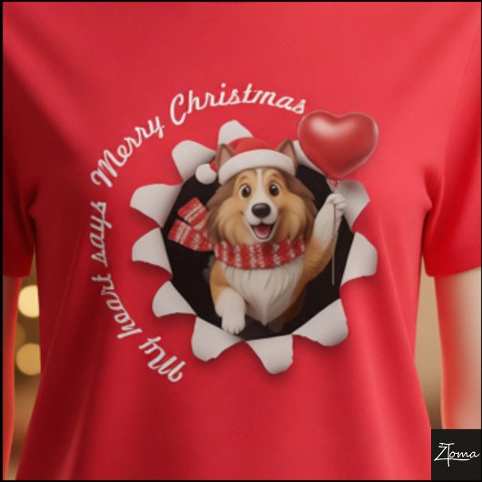 コリーの子犬のクリスマスハートスカーフもふもふ Tシャツ