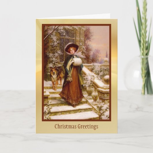 コリービクトリアンドッグのクリスマスカードを持つ女性 シーズンカード (正面)