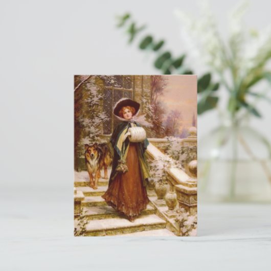 コリービクトリアンドッグのクリスマスホリデーを持つ女性 シーズンポストカード (スタンド正面)