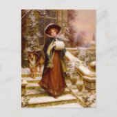 コリービクトリアンドッグのクリスマスホリデーを持つ女性 シーズンポストカード (正面)