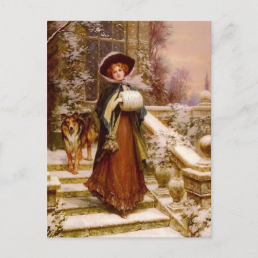 コリービクトリアンドッグのクリスマスホリデーを持つ女性 シーズンポストカード (正面)