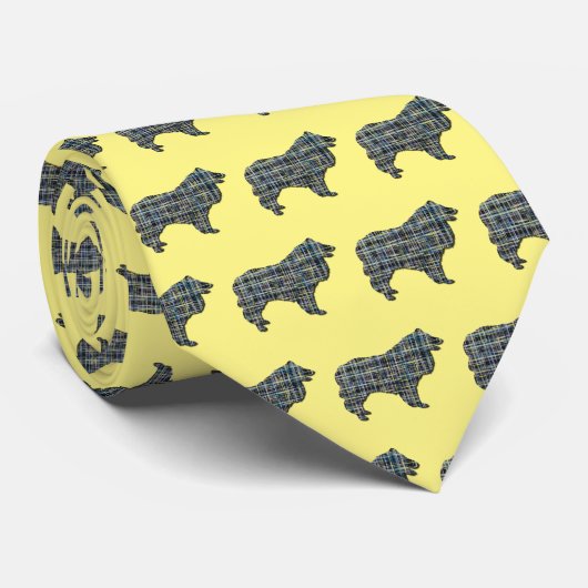 コリーラフ犬シルエットグリッドイエローネック ネクタイ (ロール)