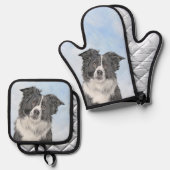 コリー縁どのラフ絵を描な白黒のドッグアート 鍋つかみ&鍋敷きセット (正面/裏面)