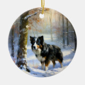 コリー縁どは雪のクリスマスを許す セラミックオーナメント (正面)