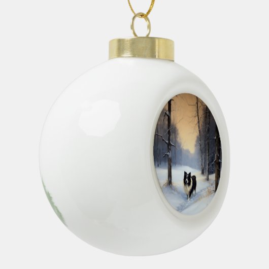 コリー縁どは雪のクリスマスを許す セラミックボールオーナメント (左)