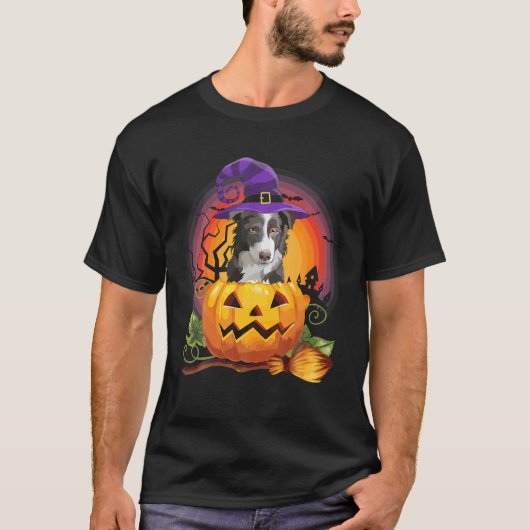 コリー縁どウィッチパンプキンハロウィーンドッグ恋人 Tシャツ (正面)