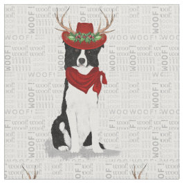 コリー縁どクリスマス犬と〔雄ジカの〕枝角 ファブリック