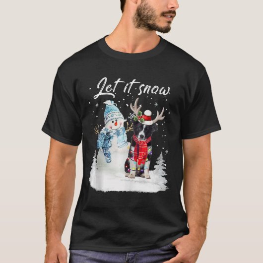コリー縁どサンタドッグクリスマス雪だるまクリスマスパジ Tシャツ (正面)