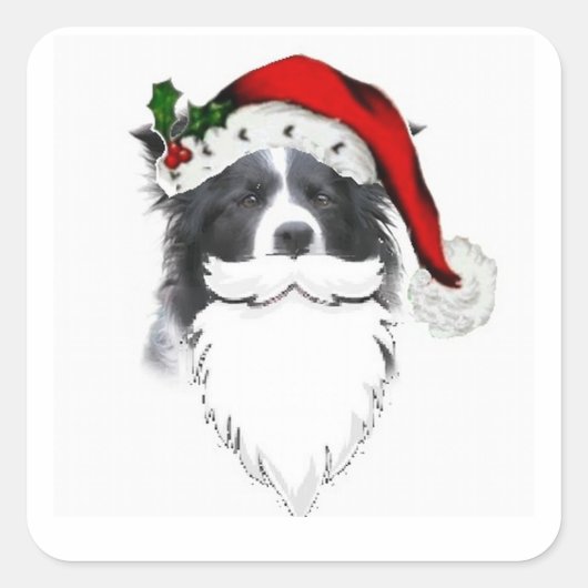 コリー縁どスのクリスマスステッカー~ひげ付きサンタ スクエアシール (正面)
