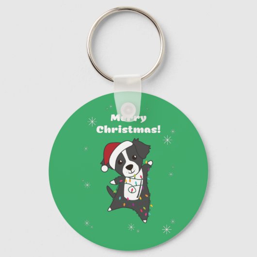 コリー縁どスクリスマスドウター動物犬Ke キーホルダー (正面)