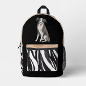 コリー縁どスケッチドッグ白黒ファーパターン プリントバックパック (正面)