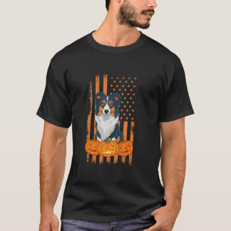 コリー縁どドッグアメリカ国旗の愛国的なハローウィー Tシャツ
