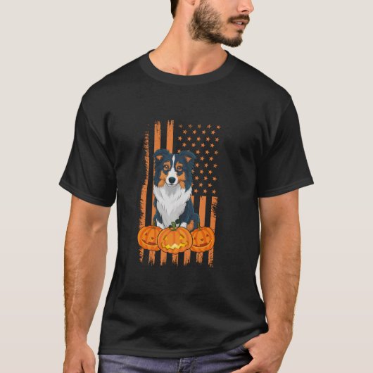 コリー縁どドッグアメリカ国旗の愛国的なハローウィー Tシャツ (正面)