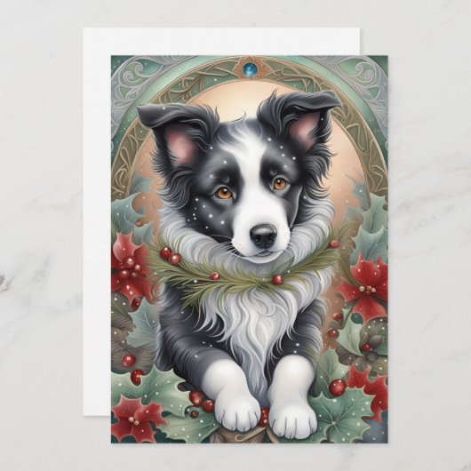 コリー縁どドッグポインセティアスホリークリスマス シーズンカード (正面/裏面)