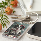 コリー縁どドッグ乗りオートバイのクリスマス キーホルダー (正面右)