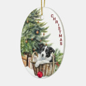 コリー縁どパピーウィッカーバスケットクリスマス セラミックオーナメント (左)