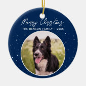 コリー縁どフォトファミリーメリークリスマスブルー セラミックオーナメント (正面)