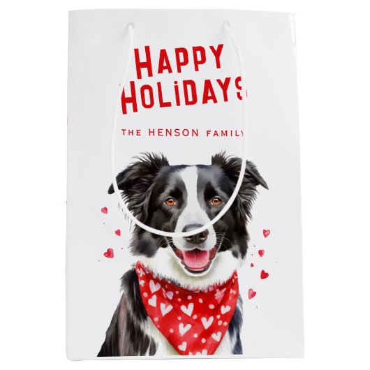 コリー縁ど赤いハートバンダナクリスマス ミディアムペーパーバッグ (正面)