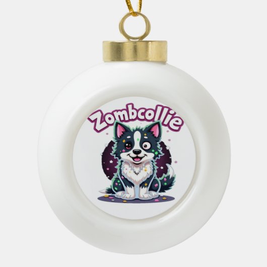 コリー縁どBCゾンビドッグハロウィーン必須T- セラミックボールオーナメント (正面)
