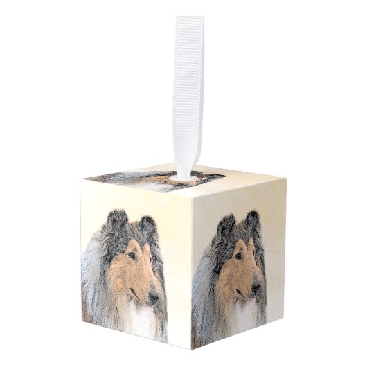 コリー（ラフ）絵画ズ – かわいいオリジナルドッグアート キューブオーナメント (正面アングル)