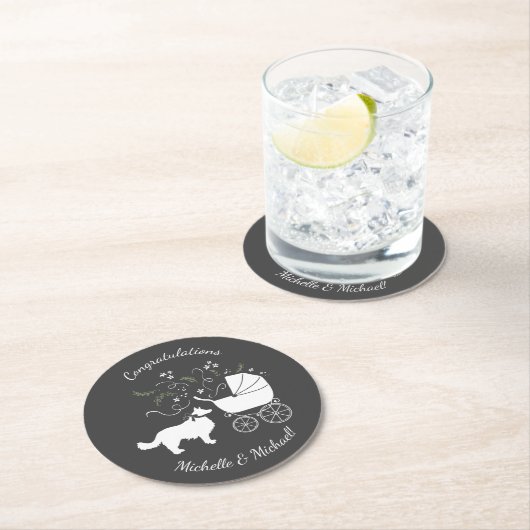 コリ縁どー犬赤ちゃんシャワーパピーグレー ラウンドペーパーコースター (インサイチュ)