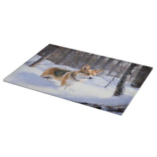 コルギが雪のクリスマスを過ごす カッティングボード (角)