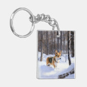 コルギが雪のクリスマスを過ごす キーホルダー (正面左)