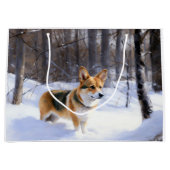 コルギが雪のクリスマスを過ごす ラージペーパーバッグ (正面)