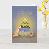 コルギと猫と出生シーンのクリスマスカード カード (黄色い花)