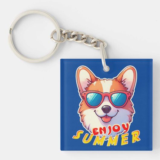 コルギは夏にサングラスを楽しむ着る キーホルダー (正面)
