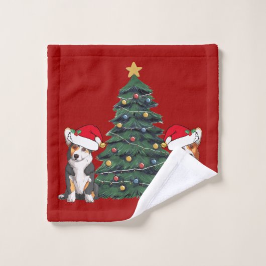 コルギクリスマスツリーかわいい赤の休日 バスタオルセット (ウォッシュタオル)