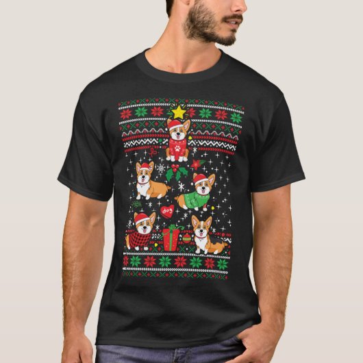 コルギクリスマスツリーサンタドッグ醜いクリスマス Tシャツ (正面)