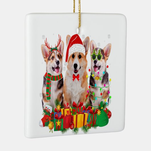 コルギクリスマスライツサンタハットドッグ恋人 セラミックオーナメント (右)