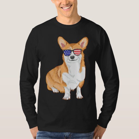 コルギサングラスアメリカ国旗の犬 Tシャツ (正面)