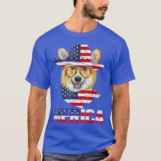 コルギドッグアメリカ国旗サングラス愛国第4J Tシャツ