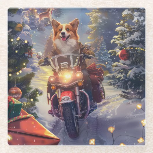コルギドッグオートバイクリスマス ガラスコースター (正面)