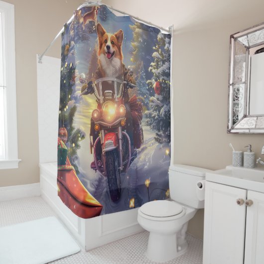 コルギドッグオートバイクリスマス シャワーカーテン (インサイチュ)