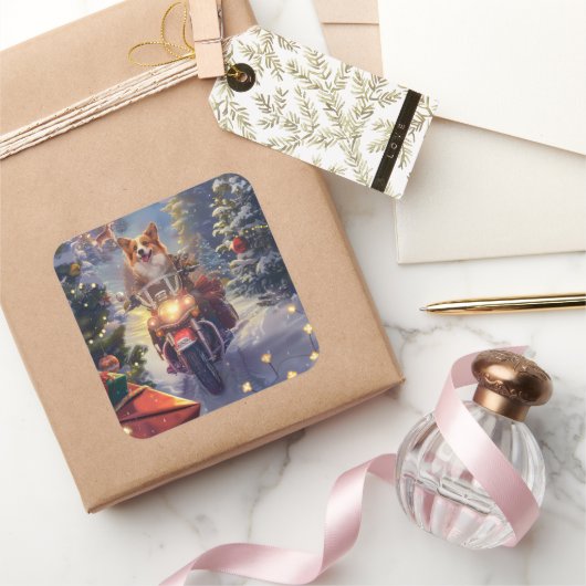 コルギドッグオートバイクリスマス スクエアシール (ギフト)