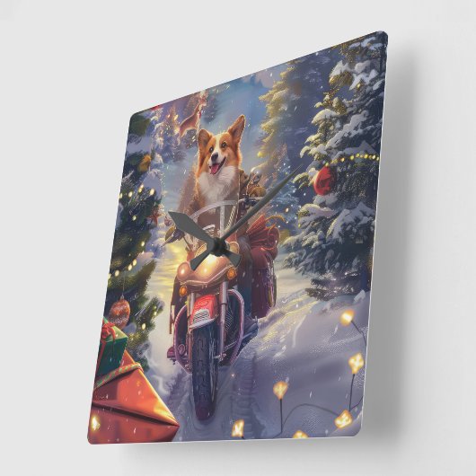 コルギドッグオートバイクリスマス スクエア壁時計 (傾斜)