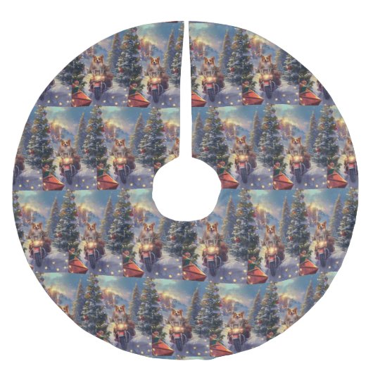 コルギドッグオートバイクリスマス ブラッシュドポリエステルツリースカート (正面)