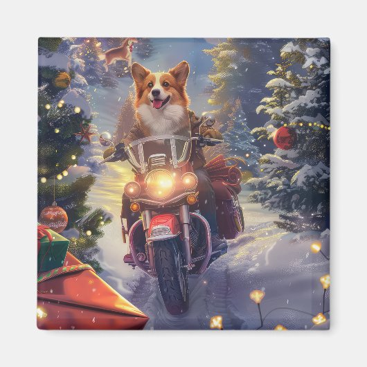 コルギドッグオートバイクリスマス マグネット (正面)