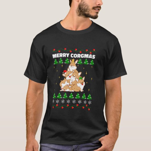 コルギドッグクリスマスツリー動物の恋人おもしろいクリスマス Tシャツ (正面)